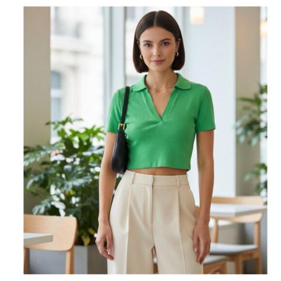 NWT Zara Bright‎ Green Collared Ribbed Crop Top - Picture 1 of 5